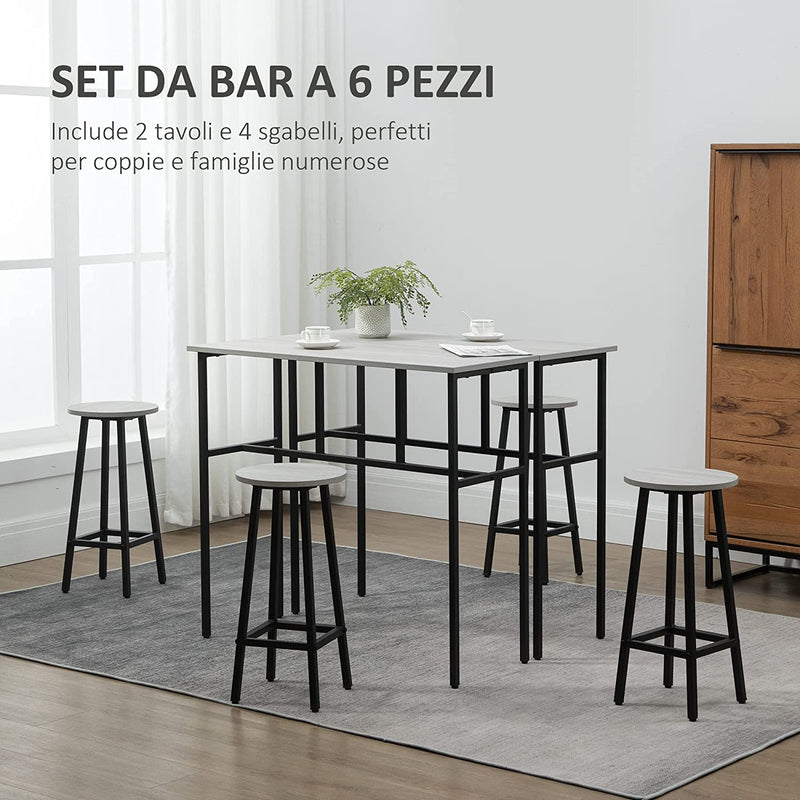 Set 6 Pz Con 4 Sgabelli Da Bar E 2 Tavoli Alti per Cucina E Soggiorno in Legno Truciolato E Acciaio, Grigio