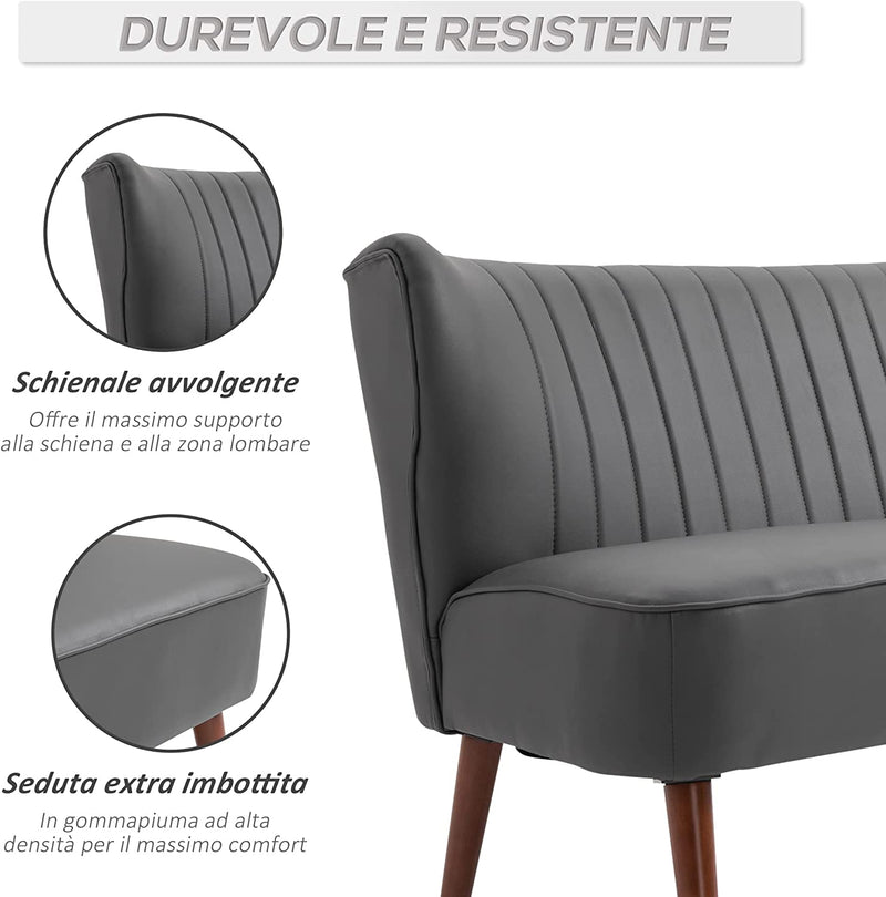 Divano a 2 Posti Dal Design Moderno, Telaio in Legno E Rivestimento in Pelle Sintetica Grigia, 108.5 X 61 X 79Cm