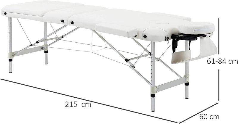 Lettino Massaggi Portatile, Pieghevole E Professionale in Alluminio per Estetista, Terapista, SPA, Bianco, 215X60X61-84Cm