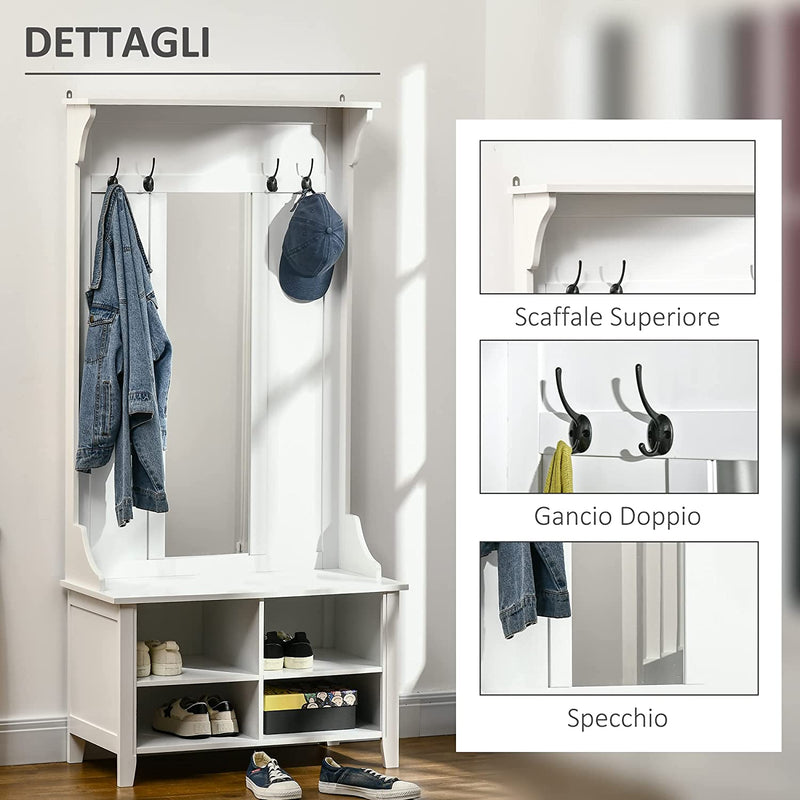 Appendiabiti Attaccapanni Da Terra Con Specchio Scarpiera 4 Ganci Legno 80X40X170Cm Bianco