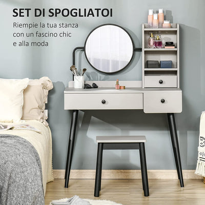 Set Da Toeletta Tavolo per Trucco, Specchio E Sgabello Con 3 Cassetti E Ripiani Aperti, Struttura in Legno, Grigio