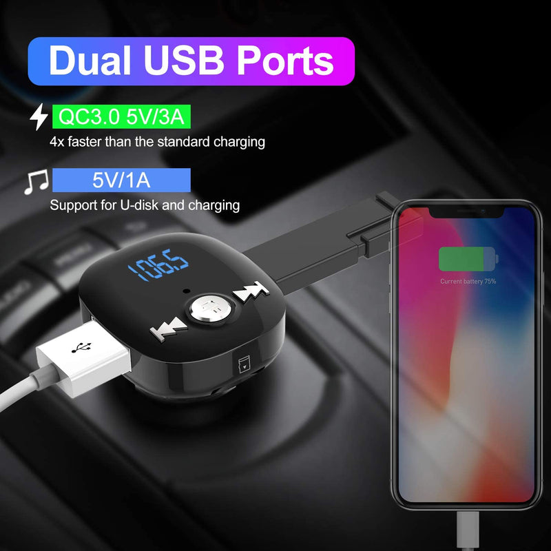 Trasmettitore FM Bluetooth,  BTV5.0 Adattatore per Autoradio Con Chiamata a Mani Libere, Doppia Ricarica Rapida USB E QC3.0, Supporto per Lettore Musicale Unità USB E Scheda TF