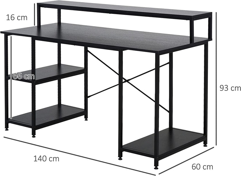 Scrivania per Computer Con Ripiani per Monitor E CPU, Scrivania Da Ufficio per Casa, Studio E Lavoro, Nera, 140 X 60 X 93Cm