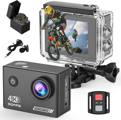 4K 30Fps Action Cam, 131Ft/40M Impermeabile Fotocamera Subacquea EIS, Wifi Camera 170°Angle Sport Cam, HD 20MP Videocamera Con 2.4G Telecomando 2 Batterie E Kit Di Accessori Casco