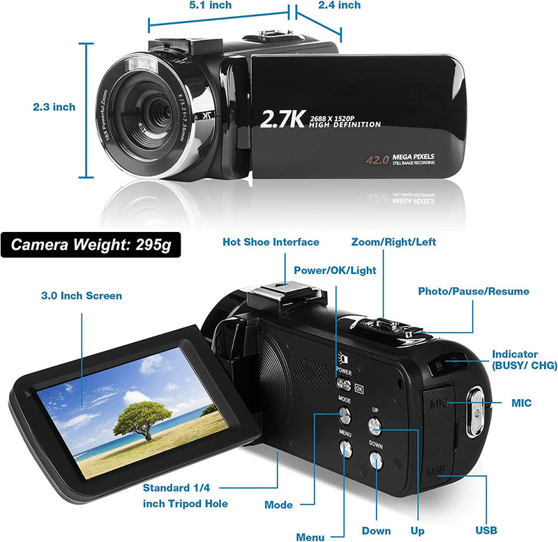 2,7K Videocamera Camcorder GDV1302 Fotocamera per Vlogging Ricaricabile Zoom Digitale 18X Videocamera FHD 42MP 3" LCD Con Schermo Ruotabile E 2 Batterie(Nero)