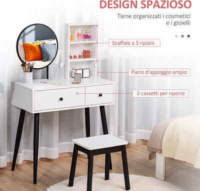 Set Tavolo per Trucco Con Sgabello E Specchiera, Toeletta Con 2 Cassetti E 3 Mensole in Legno, Bianco E Nero