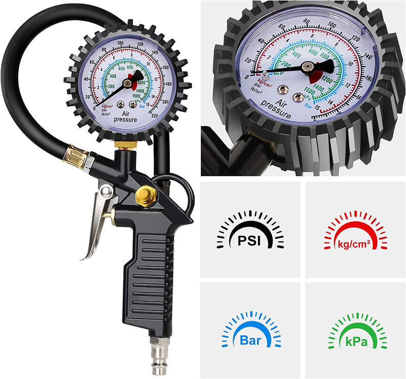 Manometro per Pneumatici 220PSI Pistola Digitale per Pneumatici E Compressore Con 4 Tappi Valvola 2 Ugelli 1 Valvola Francese 1 Stelo Di Prolunga in Metallo 90 Gradi