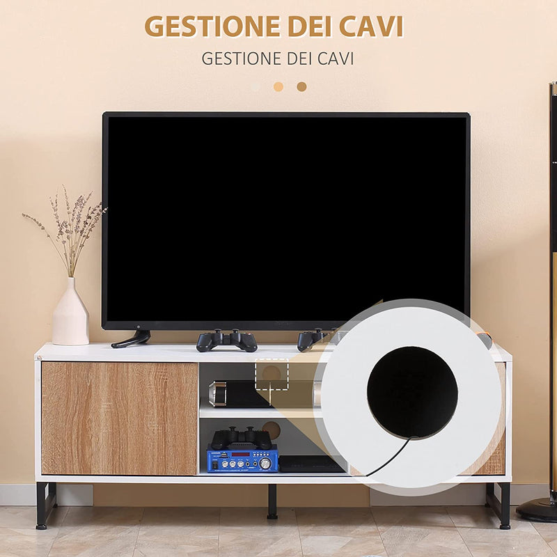 Mobile TV per Modelli Fino a 50" Max, Mobile TV Moderno in Truciolato E Acciaio Con 2 Ripiani Aperti E 2 Armadietti Chiusi, 120X39.5X45 Cm