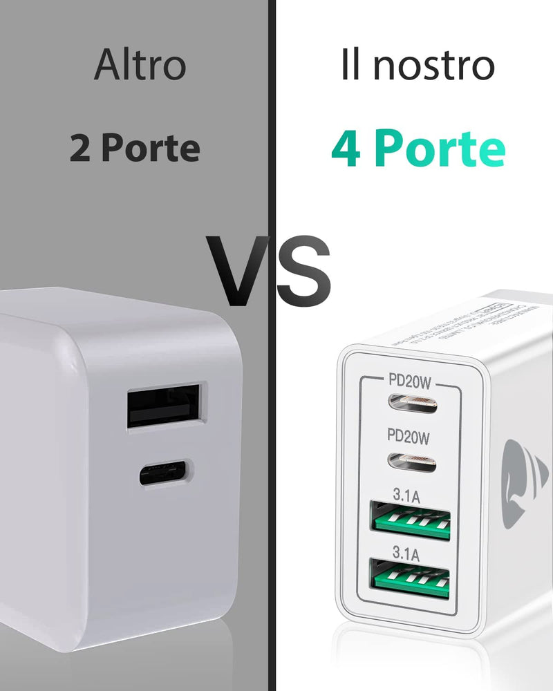 Caricatore Rapido USB C 40W 4Porto Presa Caricatore USB Multipla PD & QC3.0 Carica Cellulare, Alimentatore Caricabatterie Spina USB per Iphone 14 Pro Max Mini 13 12 11 X XR 8 7 6 5 SE, Ipad,Samsung