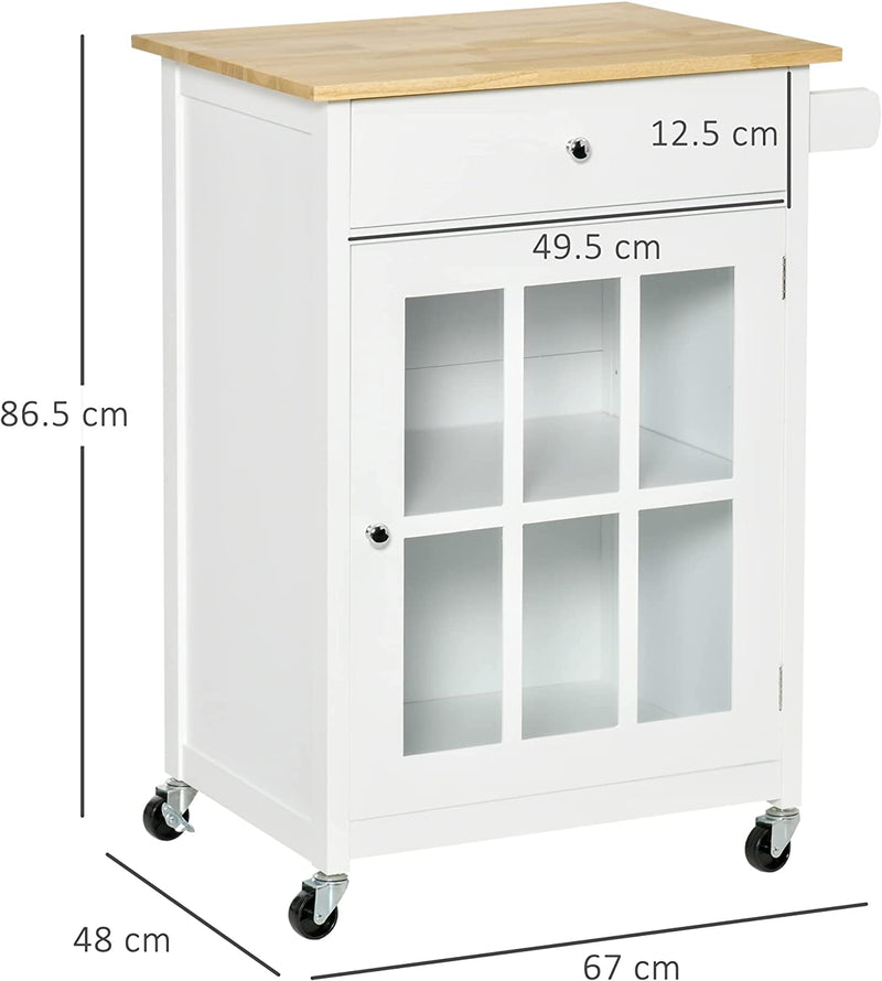 Carrello Da Cucina Multiuso Con Cassetto, Armadietto E 4 Ruote, in Legno Bianco, 67X48X86.5Cm