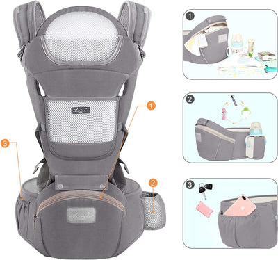 Marsupio Neonati Ergonomico, Porta Bambino Con Sedile Multiposizione, Con Poggiatesta E Cappuccio, Puro Cotone Traspirante Leggero, Ideale Neonati E Bambini Da 0-36 Mesi(Inferiore a 25Kg) Grigio