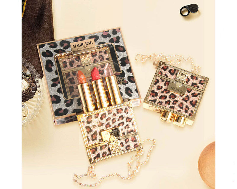 Fashion Small Sachet Mousse Lipstick Leopard Print Chain with Small round Mirror Set