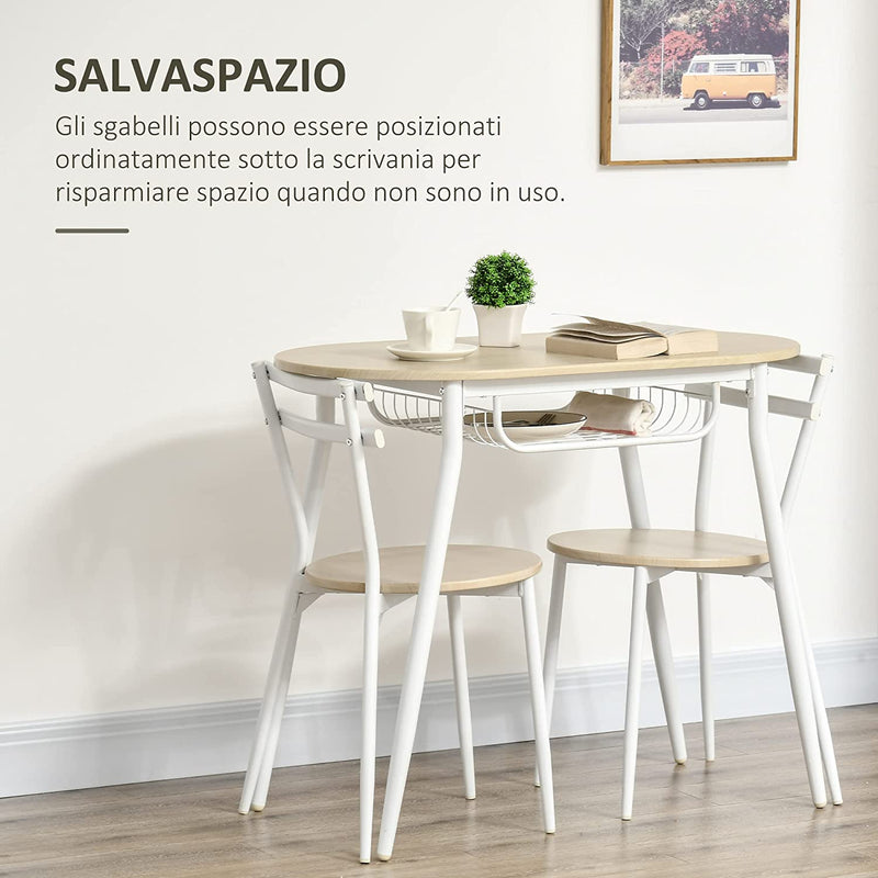 Sedie E Tavolo Da Pranzo, Set 3 Pezzi Con 2 Sedie E Tavolo Ovale Con Ripiano Portaoggetti, in MDF E Acciaio, Color Legno