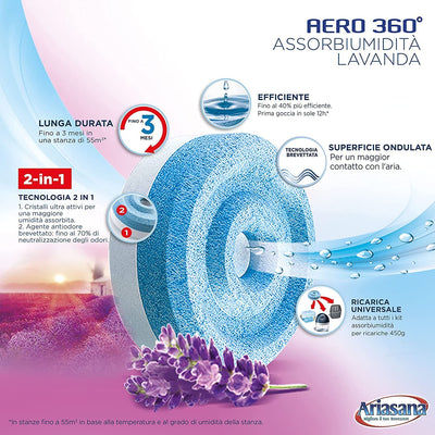 Aero 360° Kit Assorbiumidità, Deumidificatore Ricaricabile Non Elettrico, Assorbi Umidità Contro Condensa E Muffa, 1 Dispositivo E 1 Ricarica Tab Lavanda Da 450G