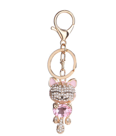 Fashion Enamel Lucky Cat Crystal Keychain Alloy Keyring for Women Party Gift Key Chains