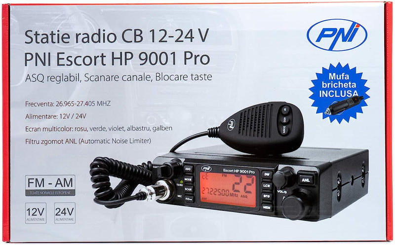 Radio CB  Escort HP 9001 PRO ASQ Regolabile, AM-FM, 12V / 24V, 4W, Scan, Dual Watch, ANL, Display Multicolore