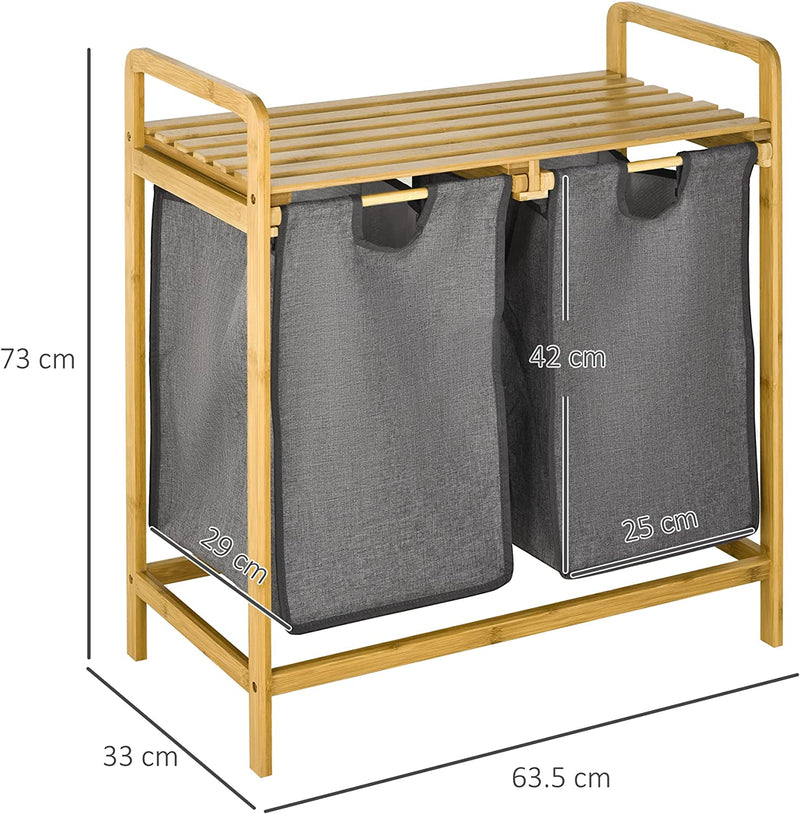 Portabiancheria in Legno Di Bambù, Doppio Cesto Estraibile Con Maniglie E Ripiano a Doghe, 63.5X33X73Cm, Grigio