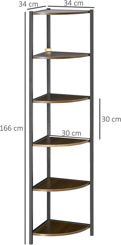 Libreria Moderna Angolare a 6 Ripiani in Metallo E MDF, Mobile Libreria a Parete per Salotto E Studio, 34X34X166Cm