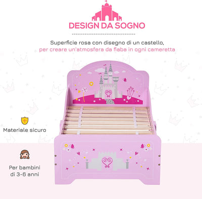 Letto per Bambini Con Bordi Rialzati in Legno per Cameretta, Lettino per Bimbi Da 3-6 Anni, 143X73X60Cm, Rosa