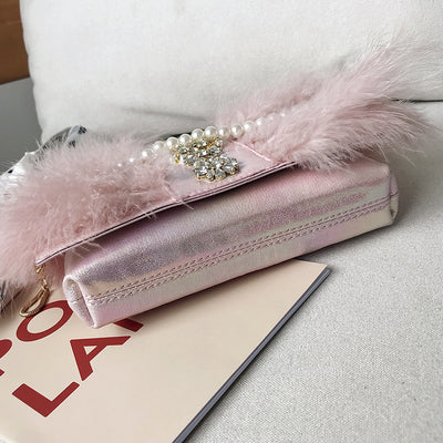 Pearl Chain Diamond-Studded Fur Dinner Plush Bag