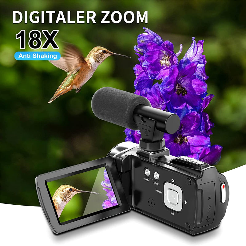 Videocamera, 4K, 36 MP, per Fotocamera Digitale Youtube 30 FPS, Schermo IPS Girevole a 270°, Con Zoom Digitale 18X, Treppiede, 32G SD & Batterie