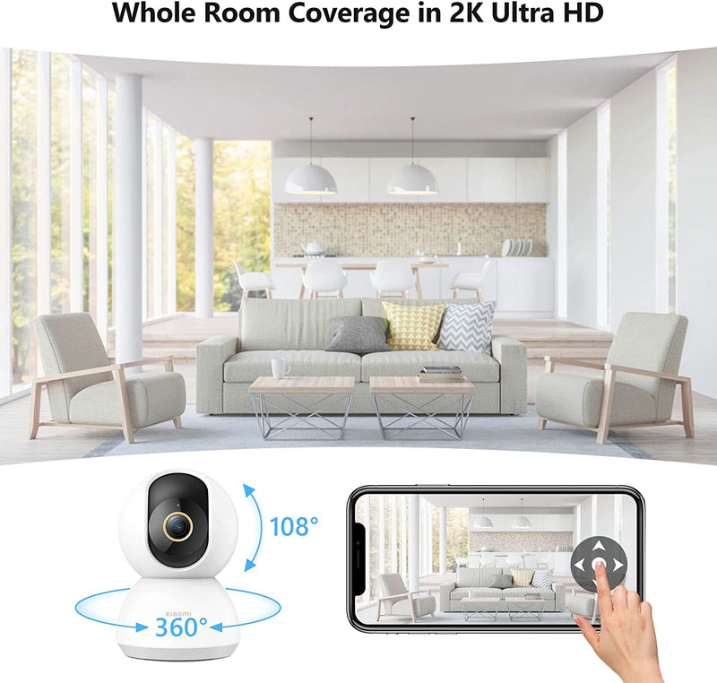 Mi Smart Camera C300 2K, Telecamera Wifi Interno Sorveglianza, Rilevamento Umano Intelligente AI, Risoluzione 2K, Rilevamento Umano Con IA -Lente 6P Apertura F1.4, Bianco