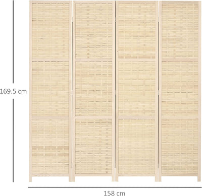 Paravento Da Interno a 4 Ante in Legno E Bambù Intrecciato, Separé Divisorio Pieghevole Salvaspazio, Altezza 170Cm, Naturale