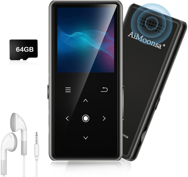 64GB Lettore MP3 Con Bluetooth 5.2,  Lettore Musicale Con Altoparlante HD Integrato, Radio FM, Registratore Vocale, Suono Hifi, Peso 0,15 Lb, Funzione E-Book, Auricolari Inclusi