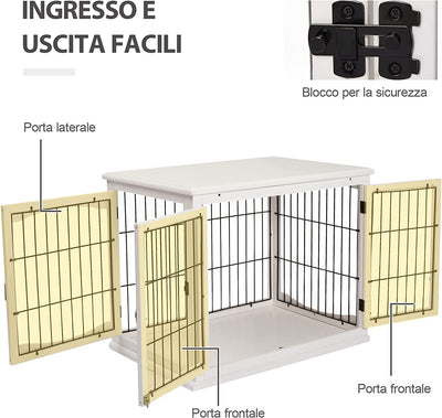 Casetta per Cani Da Interno, Gabbietta per Animali in Legno E Metallo Con Doppia Porta, 58.5X81X 66Cm, Bianco