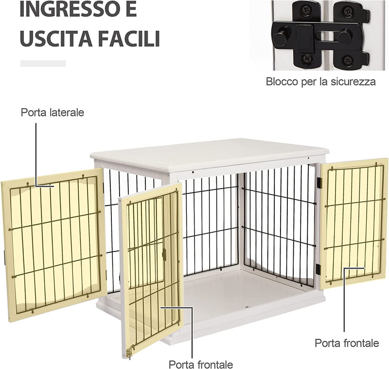 Casetta per Cani Da Interno, Gabbietta per Animali in Legno E Metallo Con Doppia Porta, 58.5X81X 66Cm, Bianco