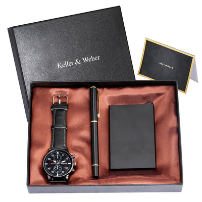 Men'S Quartz Watch Credit Card Case Gel Pen Set Fashion Gift Set Box