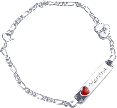 Bracciale Con Incisione Nome per Neonati/Bambini - Argento 925 Con Cuore Rosso E Angioletto / 16 Cm/Completo Con Scatola Da Regalo