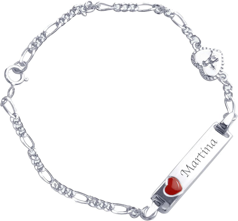 Bracciale Con Incisione Nome per Neonati/Bambini - Argento 925 Con Cuore Rosso E Angioletto / 16 Cm/Completo Con Scatola Da Regalo