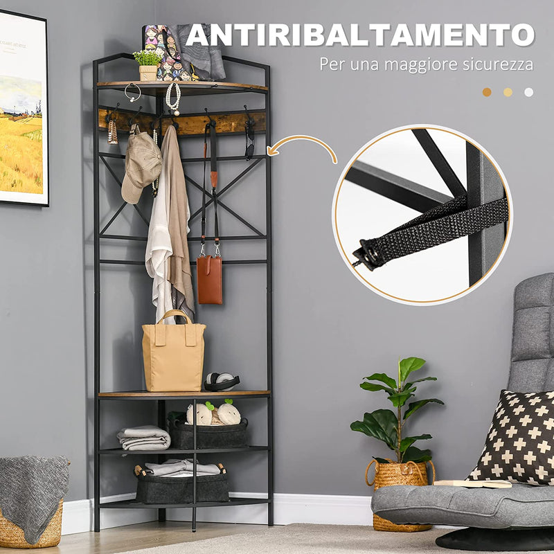 Appendiabiti Da Terra Angolare Con Panca E Scarpiera, Attaccapanni Con Ganci E Mensola in Stile Industriale, 50X50X183Cm, Marrone