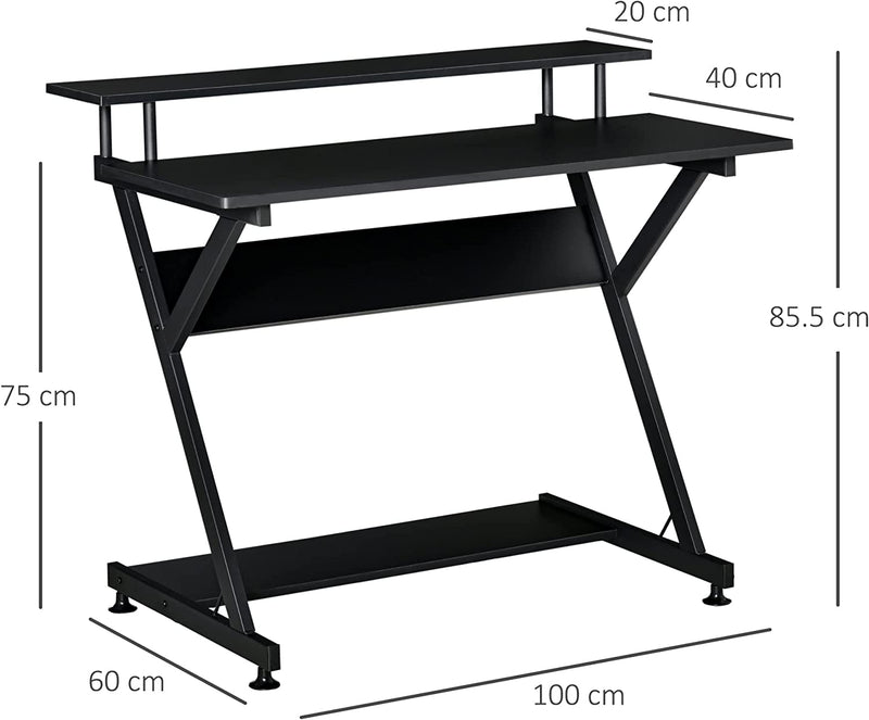 Tavolo Porta PC Salvaspazio Con Ripiano Monitor Rialzato, Scrivania per Computer Da Ufficio in Legno, 100X60X85.5Cm, Nero