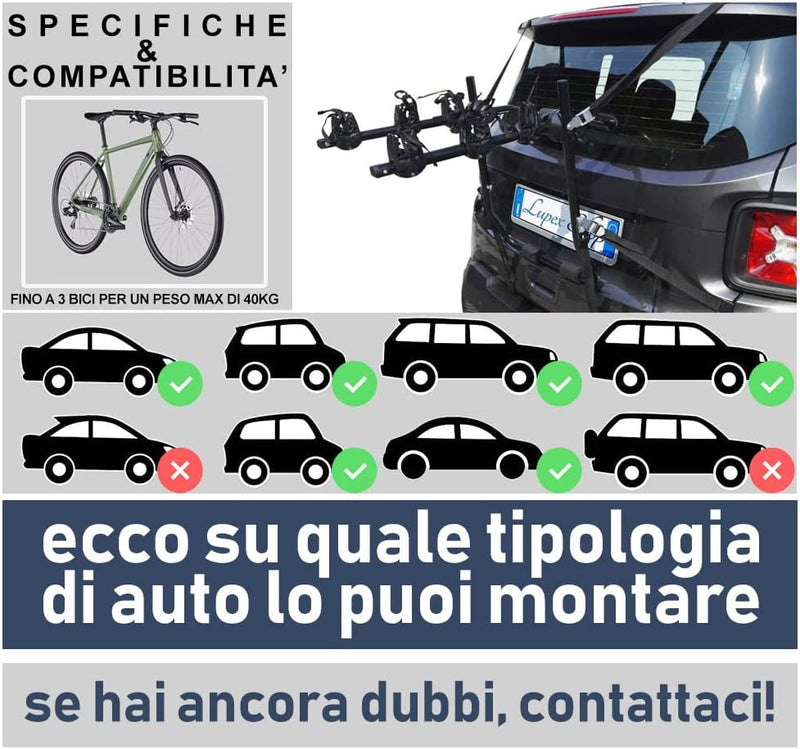 PBAAL_B Portabici Universale Posteriore Auto | Fino a 3 Bici Peso Max Fino a 40 Kg | Con 6 Ganci in Acciaio Zincato | Prodotto Omologato E Certificato