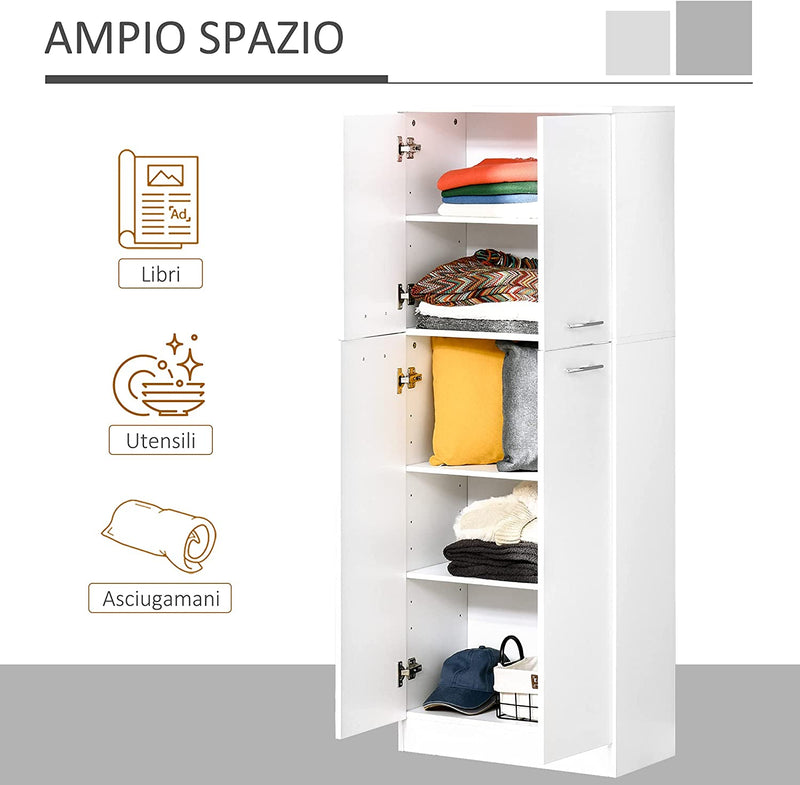 Mobile Dispensa Multiuso Con 2 Armadietti E Mensole Regolabili, Legno Truciolare, 59X31X155Cm, Bianco