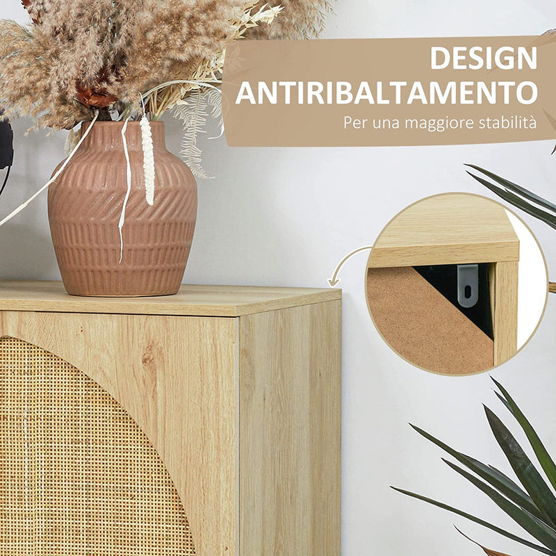 Credenza Stile Boho a 2 Ante Con 2 Ripiani Interni, Gambe in Acciaio E Inserti in Rattan, 80X39X101.8Cm, Naturale