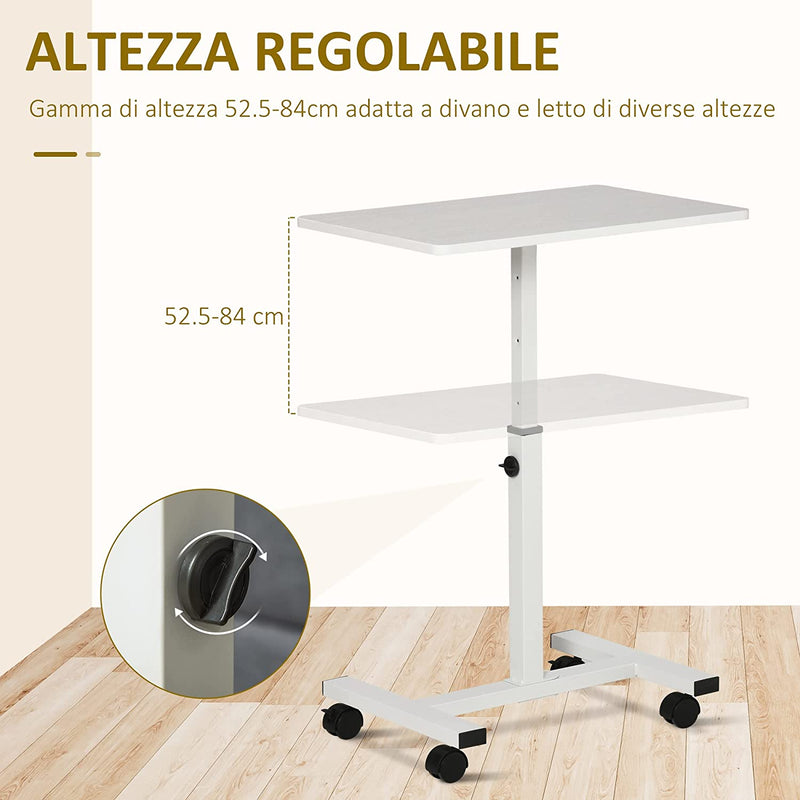 Tavolino Da Divano Laterale Porta PC Con Altezza Regolabile E Ruote, Supporto Computer per Casa E Ufficio, 60X40X52.5-84Cm Metallo E Legno, Bianco