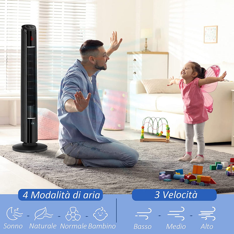 Ventilatore a Torre Con 3 Velocità 4 Modalità, 45W, Timer 12H, Ventilatore a Colonna Con Oscillazione 70°, Pannello LED E Telecomando, Nero