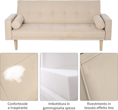 Divano Letto 3 Posti Con Schienale Regolabile Su 3 Livelli, 2 Cuscini E Braccioli Rimovibili, Beige, 185X84X85Cm