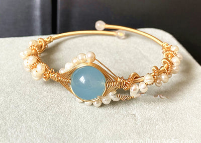 14K Goldwrapped Handmade Bracelet Hailan Baohai Sapphire Natural White Pearl Bracelet