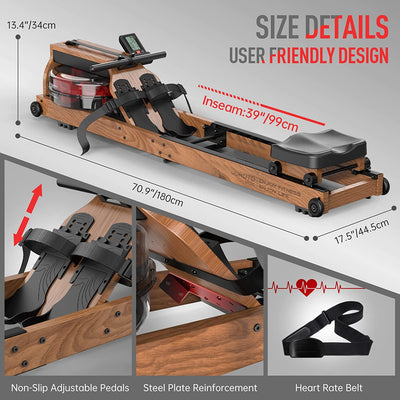Vogatore Ad Acqua per Casa, Vogatore Pieghevole in Legno Di Quercia Capacità Di Peso Di 150Kg Con Monitor Bluetooth, Supporto per Tablet, Cintura per Frequenza Cardiaca