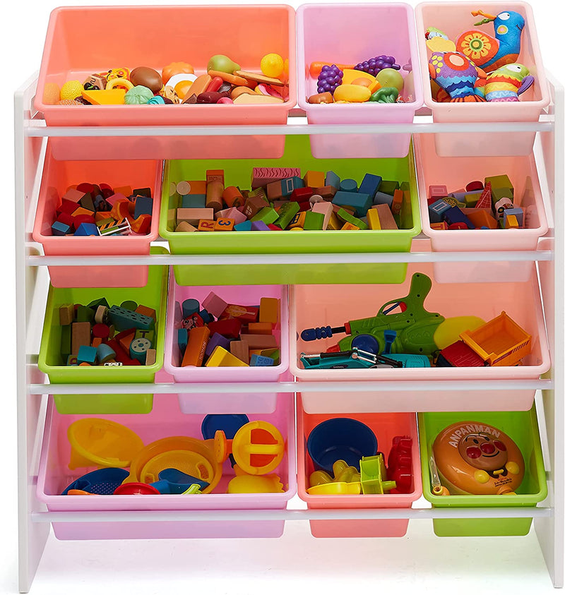 Organizer per Giocattoli per Bambini Con 12 Contenitori in Plastica, Legno Bianco E Contenitori Rosa, 10.9" X 33.6" X 31.1"