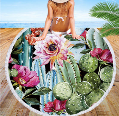 Round Beach Towel Oasis Cactus Beach Towel Shawl Cushion Microfiber