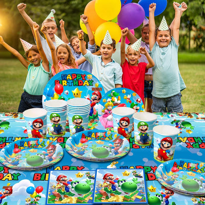 Stoviglie Super Mario Compleanno, 161Pcs Kit Compleanno Super Mario Includere Piatti Super Mario Compleanno Tovagliolo Bicchieri Tovaglia Etc Forniture per Decorazioni Compleanno Super Mario