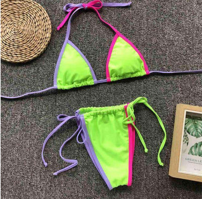 Candy-Colored Stitching Halter Bikini