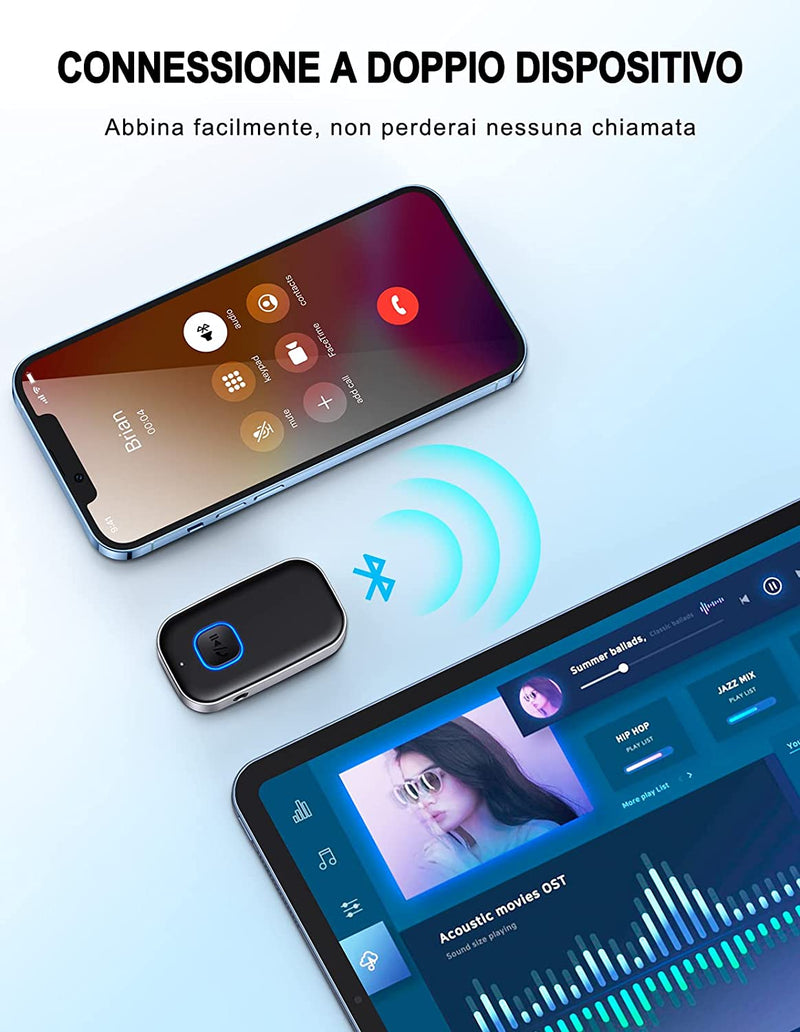 Ricevitore Bluetooth 5.0, Bluetooth Auto Aux Cancellazione Del Rumore, Aux Bluetooth Autonomia Di 16 Ore per Auto Altoparlanti/Stereo Casa/Cuffie Cablate/Chiamate in Vivavoce, Nero