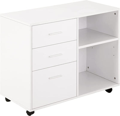 Mobile Porta Stampante Con 3 Cassetti in Legno, Mobile Ufficio Multiuso Con 4 Ruote E Ripiani Aperti, 80X40X65Cm, Bianco