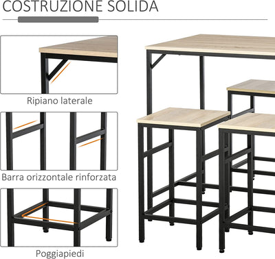 Set Tavolo Alto Con 4 Sgabelli Stile Industriale in Metallo E Legno, Arredamento Moderno Soggiorno E Cucina, Rovere Chiaro